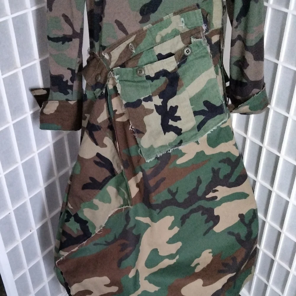 Upcycle / Refurbished Camouflage Asymmetrical Long Sleeve Maxi Dress - Picture 11 of 16